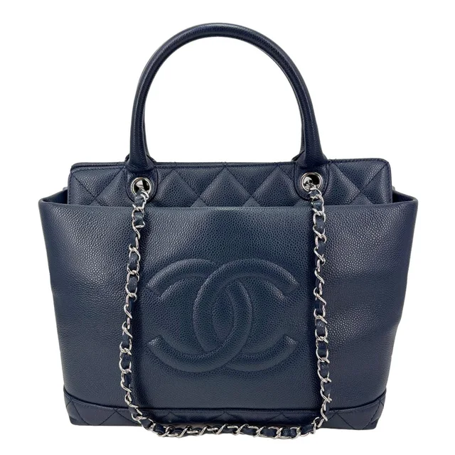 Chanel Timeless CC Meduim Soft Quilted Caviar Leather Top Handle Tote Bag Navy Blue from Dallas Designer Handbags