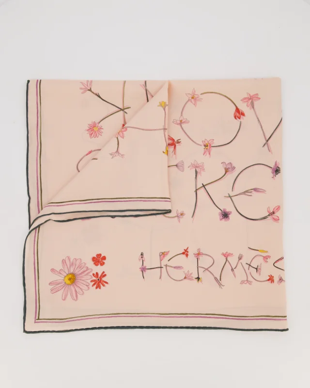 Hermès I Like Flowers Silk Scarf 70 in Pastel Pink and Navy Blue with Flower Detailing in Navy Silk from Sellier, photo 6 of 6