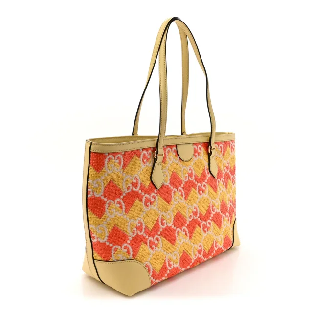 Gucci Straw Textured Dollar Calfskin Cancun Medium Ophidia Shopping Tote Orange Yellow in Orange Calfskin from FASHIONPHILE, photo 3 of 11