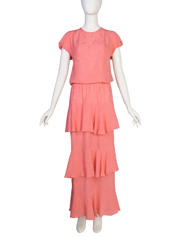 Chloé Vintage SS 1980 Coral Crepe de Chine Silk Jacquard Top and Tiered Skirt Ensemble in Pink Silk from Amarcord Vintage Fashion