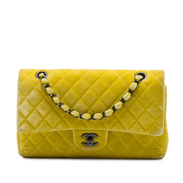 Yellow Chanel Medium Classic Velvet Double Flap Shoulder Bag in Yellow Velvet from Designer Revival