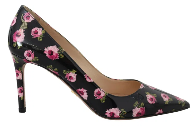 Prada Black Leather Floral Heels Stilettos Pumps in Black Leather from HEWI