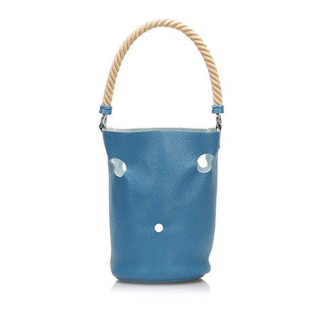 Blue Hermès Clemence Mangeoire Bucket PM in Blue Clemence leather from Designer Revival