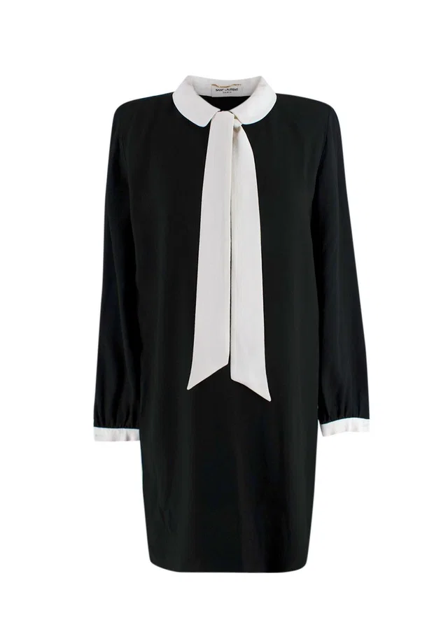 Saint Laurent Black Peter Pan Collar Mini Dress with Neck Tie Detail in Black from HEWI