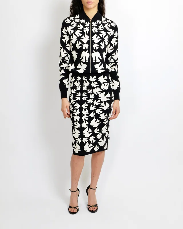 Alexander McQueen Black and White Dove-Intarsia Midi Skirt Size S (UK 8) in Black Nylon from Sellier