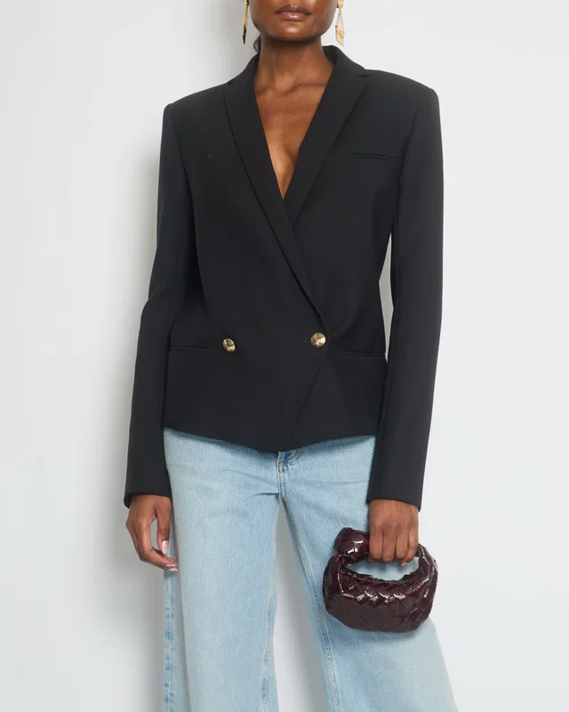 Balmain Black Double Breasted Blazer with Gold Bird Button Detail FR 42 (UK 14) in Black Wool from Sellier