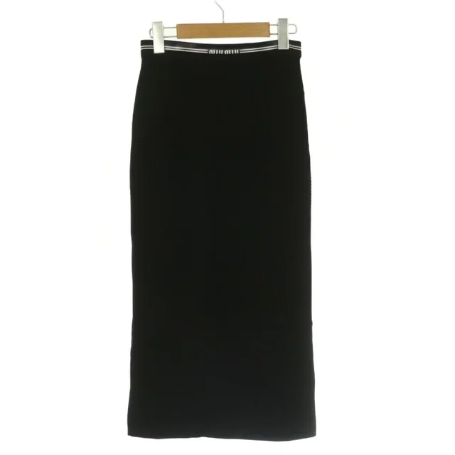 Miu Miu Viscose Skirt Tight Easy Elastic Waist Mimore Long Logo 38 Black BB in Black Togo leather from The Reluxe