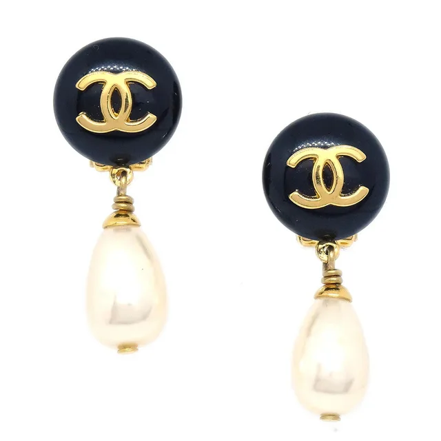 Chanel 1997 CC Black & Faux Teardrop Pearl Dangle Earrings in Black from AMORE Vintage Tokyo