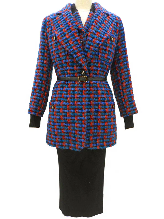 Chanel 1995 Check Pattern CC Mark Button Ensemble #40 Multi/Black in Black Wool from VINTAGE QOO TOKYO