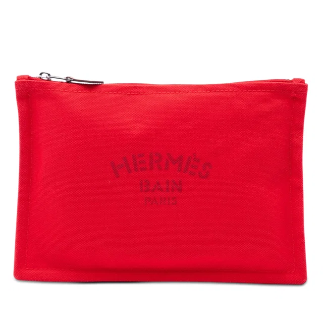 Red Hermès Toile Bain Yachting Flat Pouch PM in Red Canvas from Designer Revival