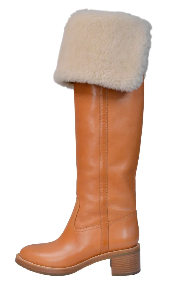 Celine By Hedi Slimane Natural Leather And Shearling Thigh High Boots 2020 in Beige Leather from Resurrection Vintage, photo 3 of 6