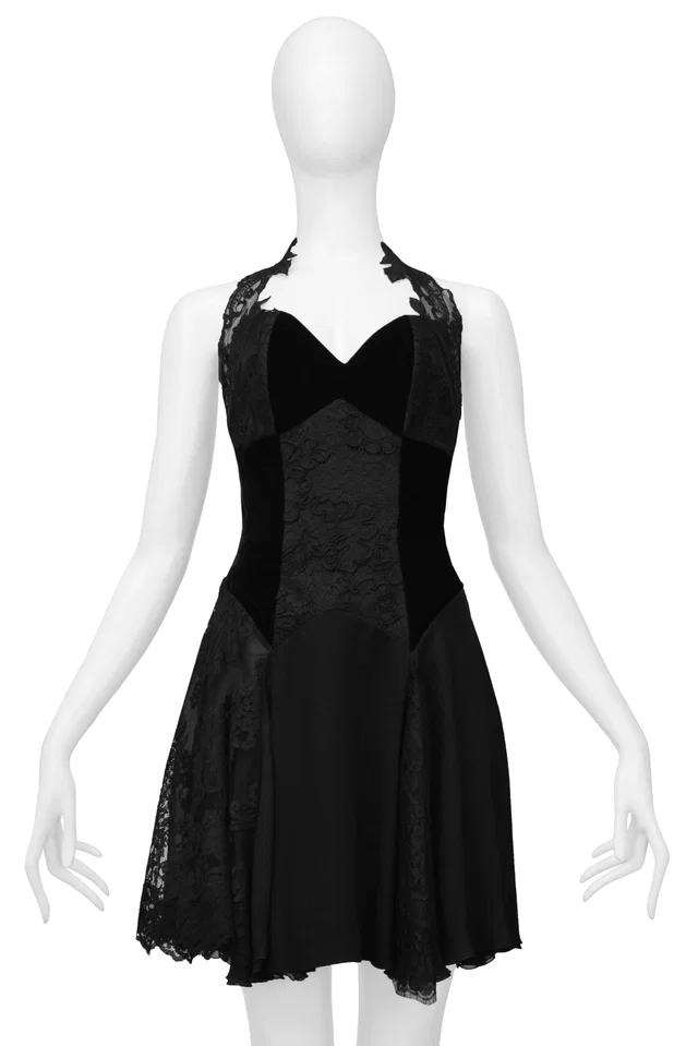 Christian Lacroix Black Lace & Velvet Mini Dress 1994 in Black Velvet from Resurrection Vintage