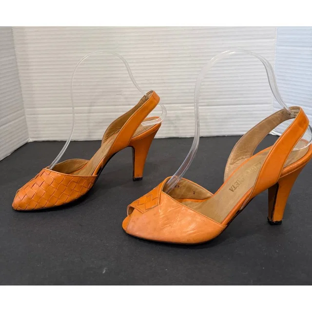 Bottega Veneta Intrecciato Peep Toe Slingback High Heels Sz 5.5c Narrow in orange Woven leather from Poshmark