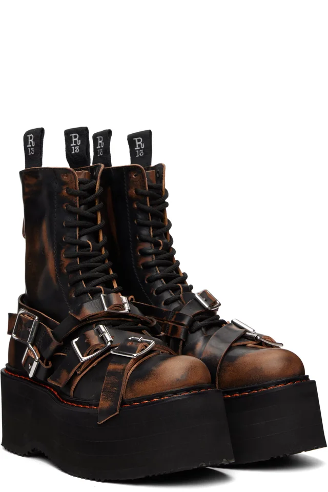 R13 Black Strapped Double Stack Boots, photo 4 of 5 from SSENSE