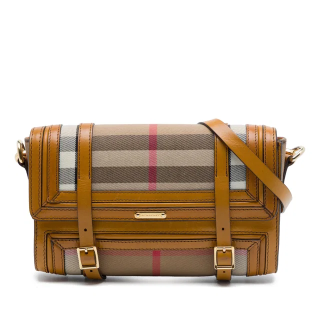 Brown Burberry House Check Canvas and Leather Trimmed Bridle Crossbody in Brown Canvas from Designer Revival