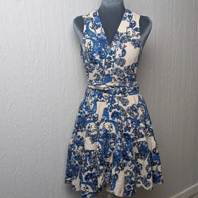 Christian Lacroix Blue Paisley Linen Blend Tiered Mini Dress Womens Size Small in blue|white from Poshmark