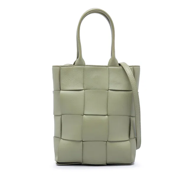 Green Bottega Veneta Mini Maxi Nappa Intrecciato North South Cassette Tote Satchel in Green Nappa leather from Designer Revival