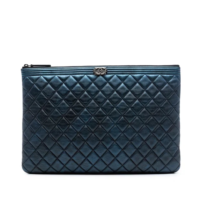 Blue Chanel Large Quilted Metallic Lambskin Boy O Case Clutch in Blue Lambskin from Designer Revival