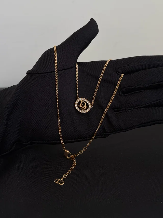 Dior Gold Crystal Oval Logo Necklace in Gold from Luxury Promise