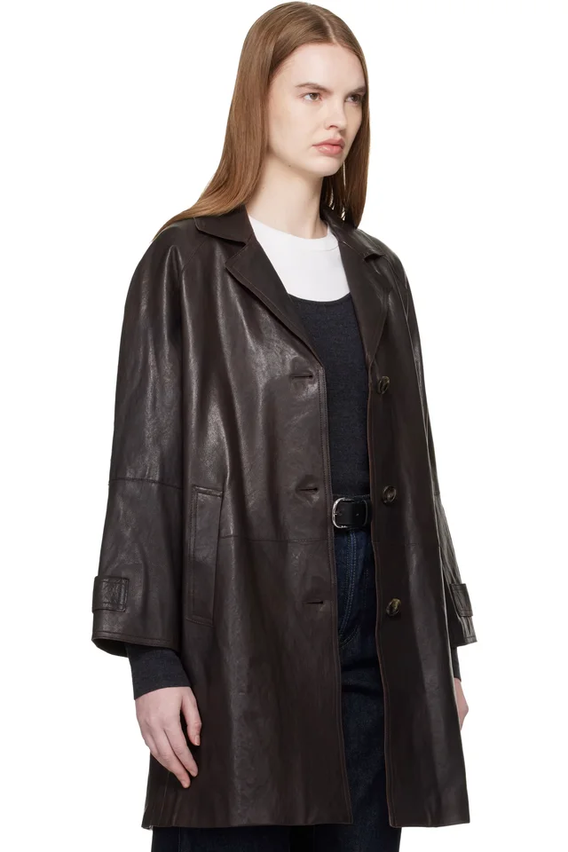Weekend Max Mara Brown Camino Leather Coat, photo 2 of 4 from SSENSE