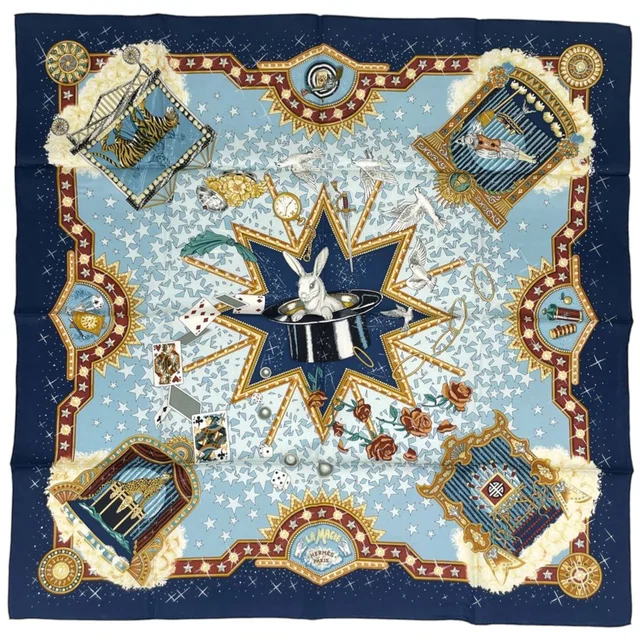 Hermès Carre 90 la Magie Scarf Magic Silk Navy Multicolor in Navy Silk from The Reluxe
