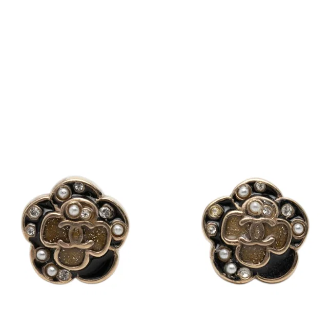 Chanel CC Brass Enamel Faux Pearl and Strass Flower Earrings in Black from Designer Revival