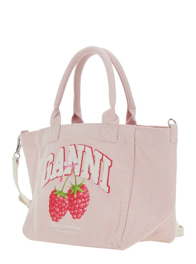GANNI Pink Small Tote Bag with Raspberry Print and Logo Lettering on the Front in Cotton for Women in Pink, photo 4 of 10 from Gaudenzi Boutique