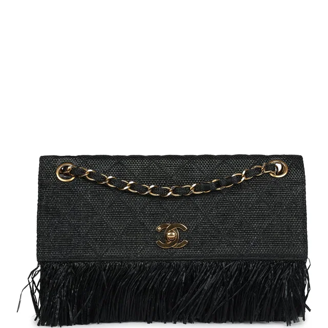 Chanel Vintage Quilted Fringe Single Flap Bag Black Raffia Gold Hardware in Black Raffia from Madison Avenue Couture