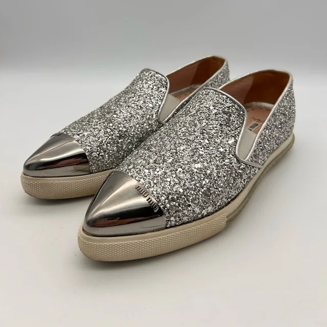 Miu Miu Glitter Slip-On Sneakers Steel Toe Pointed Size 35 Look At Photos in gray|silver from Poshmark