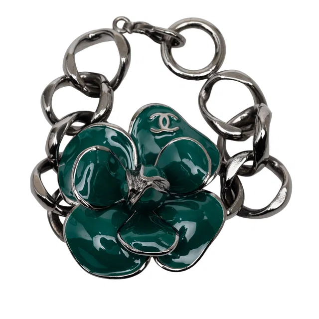 Green Chanel CC Brass Ruthenium and Enamel Camellia Chain Bracelet in Green from Designer Revival