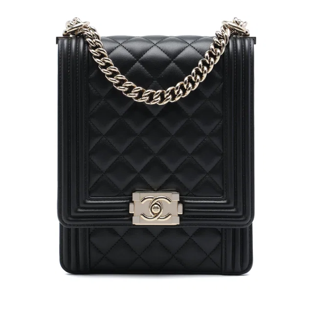 Black Chanel Quilted Lambskin North South Boy Flap Crossbody Bag in Black Lambskin from Designer Revival