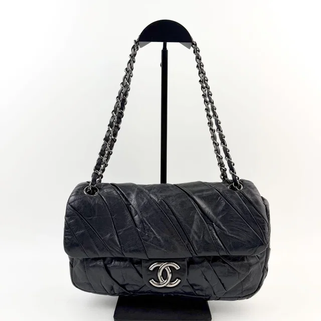 Chanel CC Logo Pleated Chain Shoulder Bag Leather Black Silver Seal Vintage in Black Leather from The Reluxe