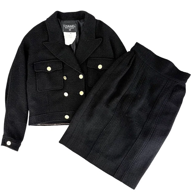 Chanel Set Mademoiselle Button Jacket Skirt Vintage Black Gold Wool Fall 40 in Black Wool from The Reluxe