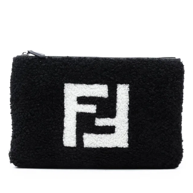 Black Fendi Shearling FF Flat Pouch Clutch Bag in Black Leather from Designer Revival
