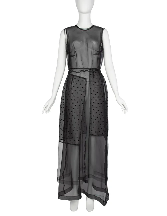 Comme des Garçons Vintage AW 1997 Black Sheer Tulle Polka Dot Paneled Dress in Black Velvet from Amarcord Vintage Fashion