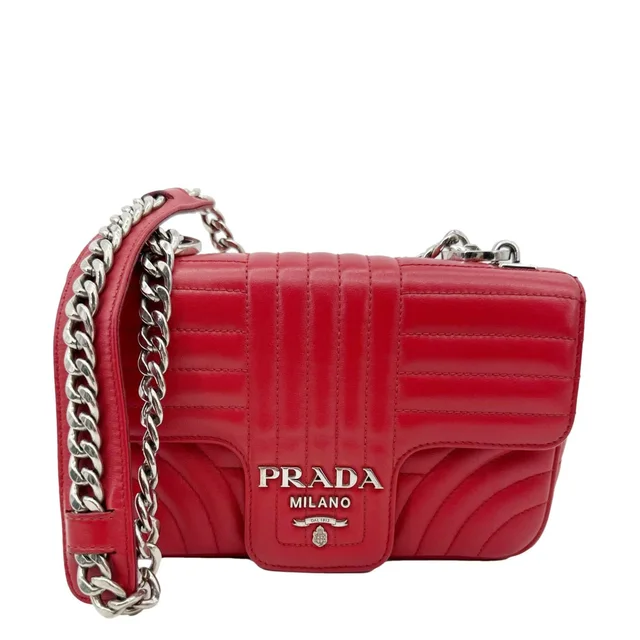 Prada Diagramme Flap Calfskin Leather Chain Crossbody Bag Red in Red Calfskin from Dallas Designer Handbags