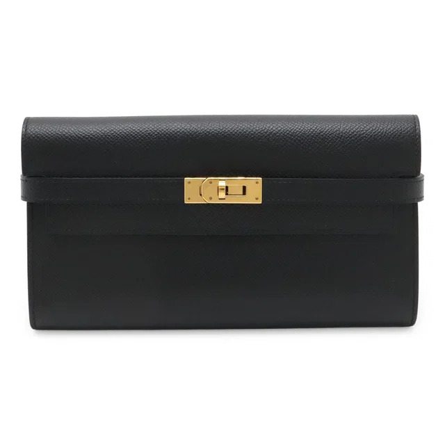 Hermès Kelly Wallet Long Bifold Veau Epsom Black Gold in Black Epsom leather from The Reluxe