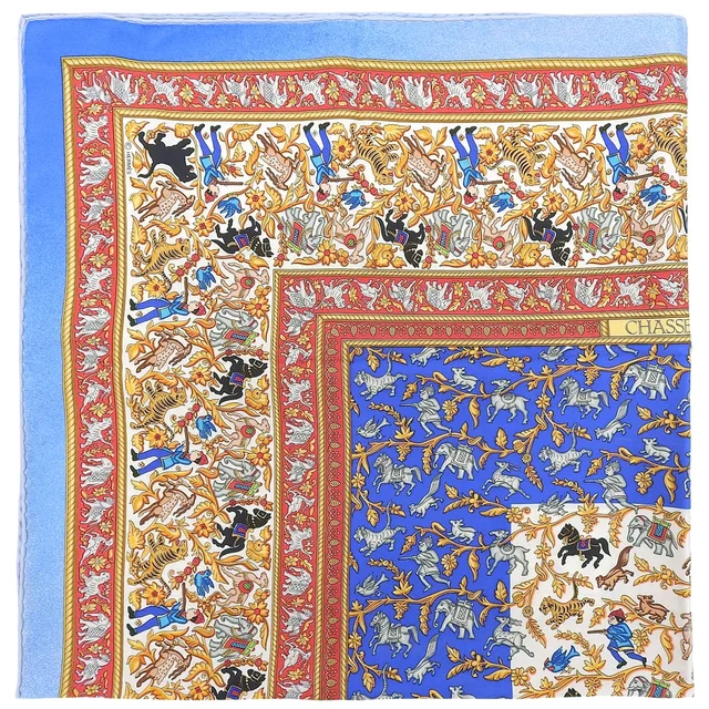 Hermès Carre 90 CHASSE EN INDE Scarf Blue/Multi in Blue Silk from VINTAGE QOO TOKYO, photo 4 of 10