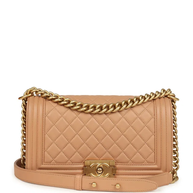 Chanel Medium Boy Bag Dark Beige Lambskin Antique Gold Hardware in Beige Lambskin from Madison Avenue Couture