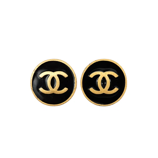 Chanel Earrings Cocomark Round Gold Black Accessory 01P in Black from Luxury Promise