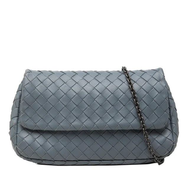 Blue Bottega Veneta Mini Nappa Intrecciato Expandable Chain Flap Crossbody in Blue Nappa leather from Designer Revival