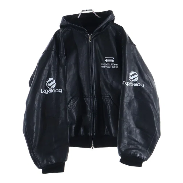 Balenciaga Lined Zip Up Hoodie Front Logo Print Leather Hooded Jacket in Leather from The Reluxe
