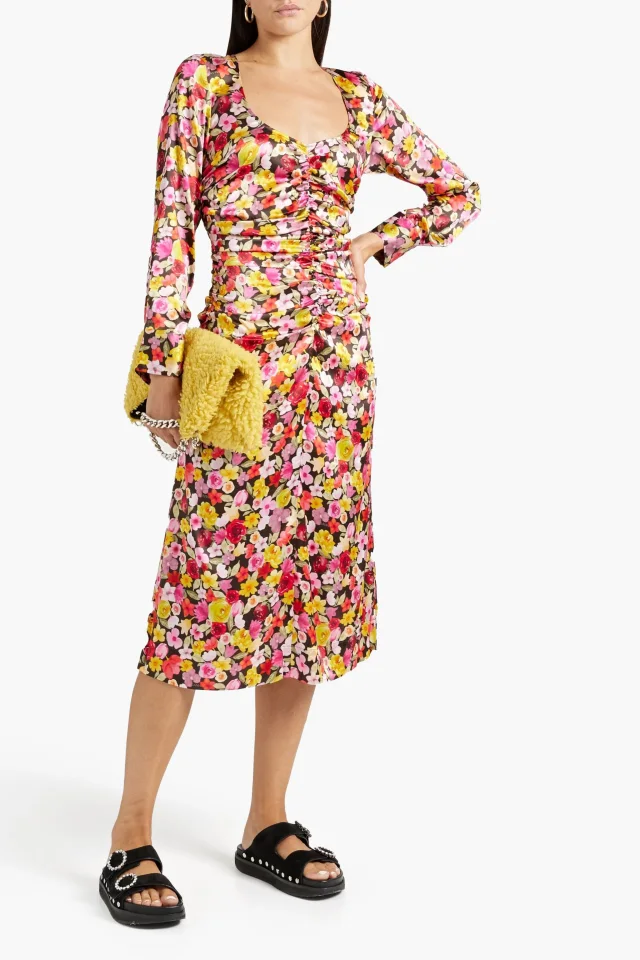 Ganni Ruched floral-print silk-blend satin midi dress in Multicolor, photo 2 of 4 from THE OUTNET