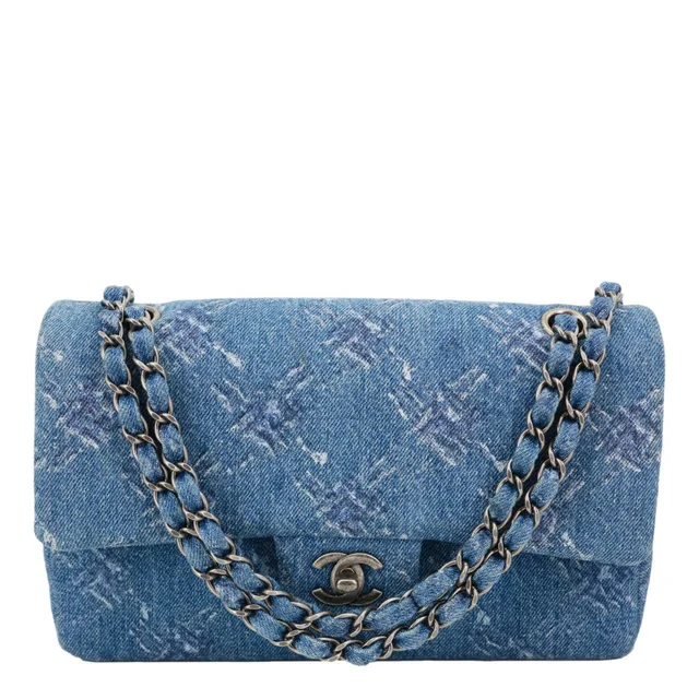 Chanel Double Flap Medium Denim Bleached Chain Shoulder Bag Blue in Blue Denim from Dallas Designer Handbags