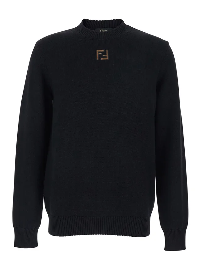 Fendi Black Crewneck Sweater with FF Embroidery on the Front in Wool for Men in Black 100% Virgin Wool, photo 2 of 6 from Gaudenzi Boutique