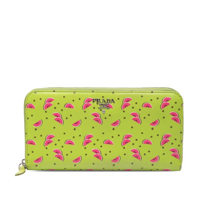 Green Prada Saffiano Watermelon Zip Around Long Wallet in Green Saffiano leather from Designer Revival