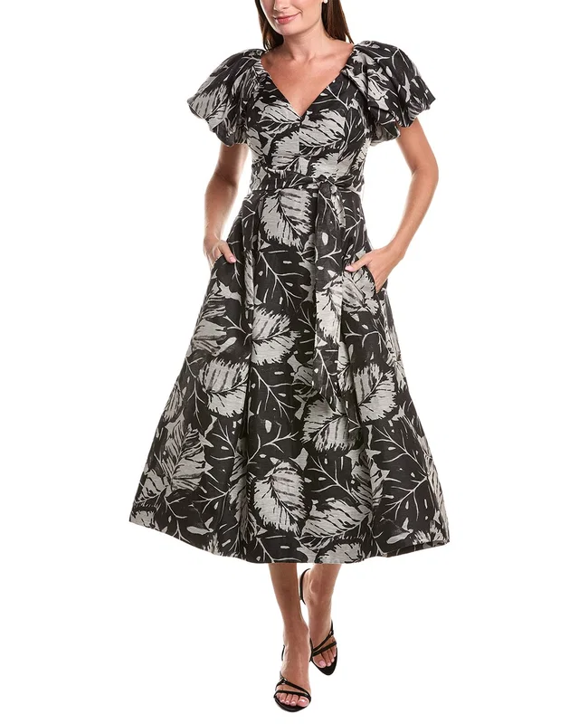 Teri Jon by Rickie Freeman V-Neck Puff Sleeve Pleated Silk & Linen-Blend Dress, image 1 of 1 from Rue La La