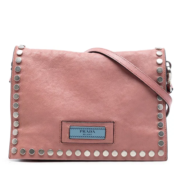 Pink Prada Glace Calfskin Studded Etiquette Flap Crossbody Bag in Pink Calfskin from Designer Revival