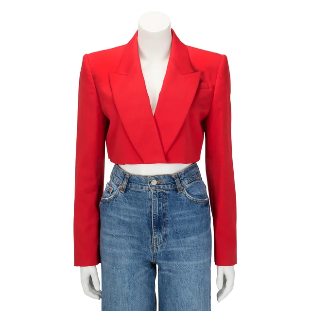 Alexander McQueen Cropped Tuxedo Jacket IT 42 in Lust Red Wool from Blue Spinach