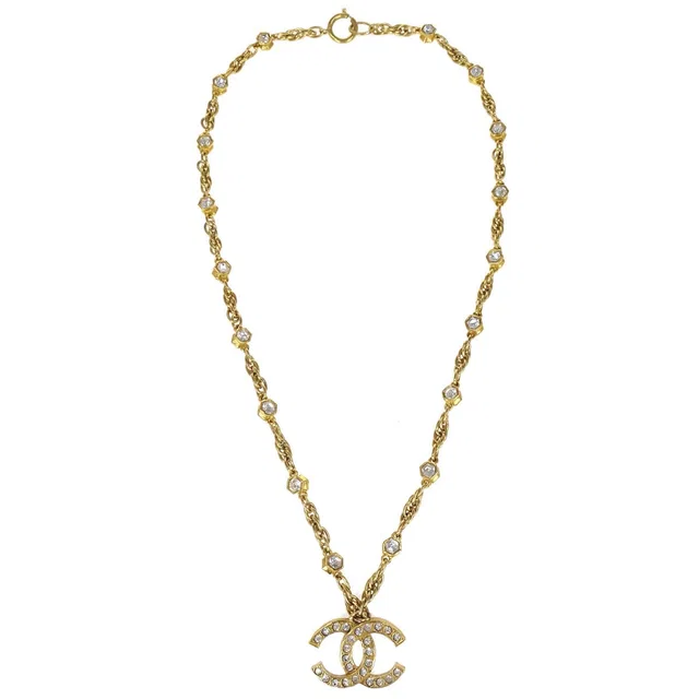 Chanel CC Chain Pendant Necklace Gold Rhinestone in Gold from AMORE Vintage Tokyo